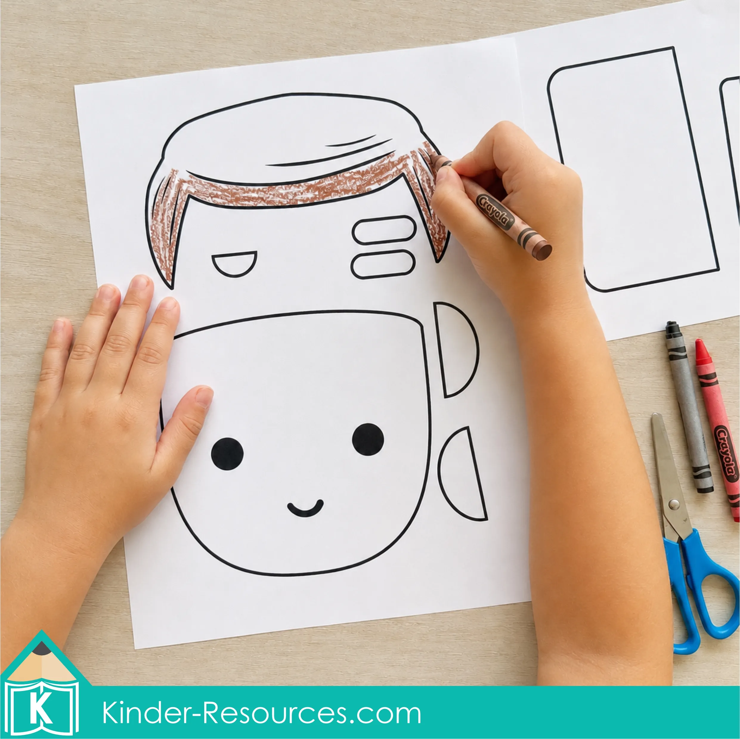 Preschool child coloring the hair piece on a black-and-white Johnny Appleseed cut-and-paste craft printable.