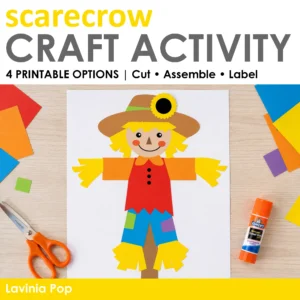Printable scarecrow craft activity cover featuring a colorful paper scarecrow with four options to cut, assemble, and label.