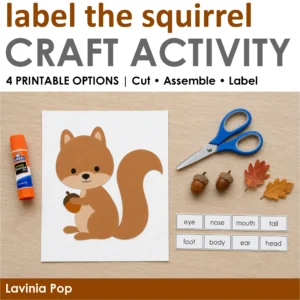 Printable squirrel cut-and-paste craft with an assembled squirrel holding an acorn, body-part labels, a glue stick, scissors, acorns, and fall leaves.