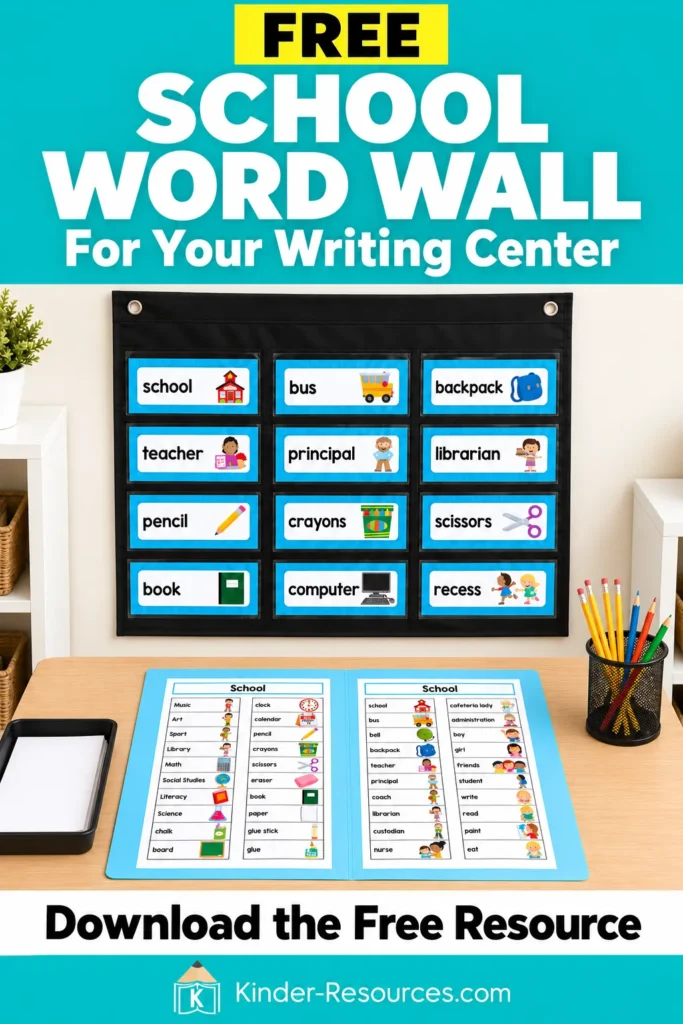 Free School Word Wall picture cards displayed in a pocket chart above a writing center with an open vocabulary folder and pencils.