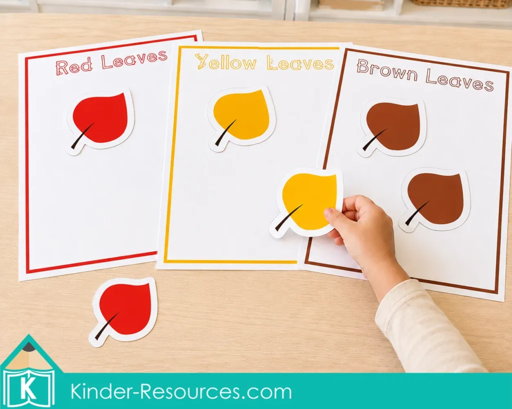 Autumn leaves preschool activities color sorting task with a child placing red, yellow and brown leaf cards on matching printable mats.