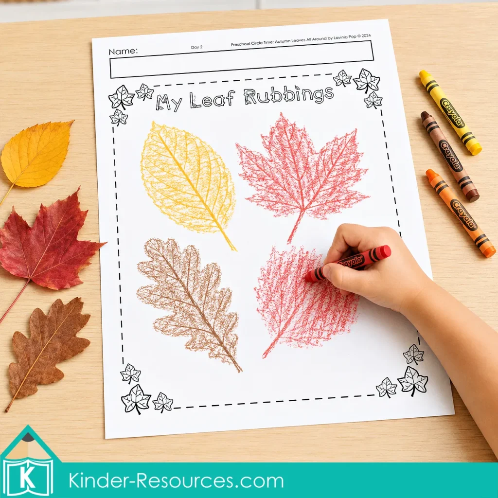 Autumn leaves preschool activities leaf rubbing page with red, yellow and brown crayon rubbings, real leaves and a child using a red crayon.