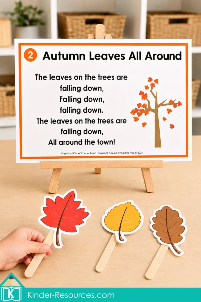 Autumn leaves preschool activities falling leaves song poster on a wooden easel with red, yellow and brown leaf props held in front.
