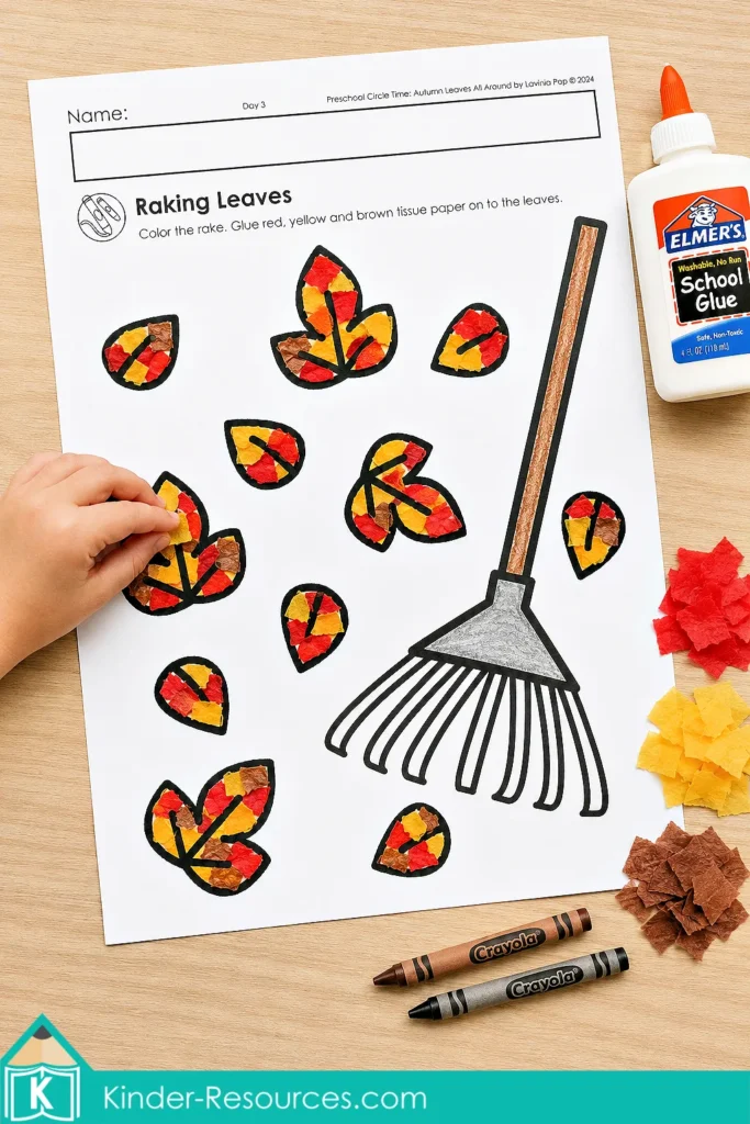 Autumn leaves preschool activities Raking Leaves craft page with colored leaves, autumn tissue paper pieces, crayons and school glue.