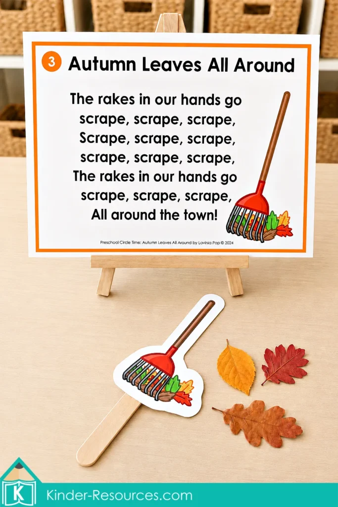 Autumn leaves preschool activities song poster about raking leaves displayed with a printable rake prop and real fall leaves.