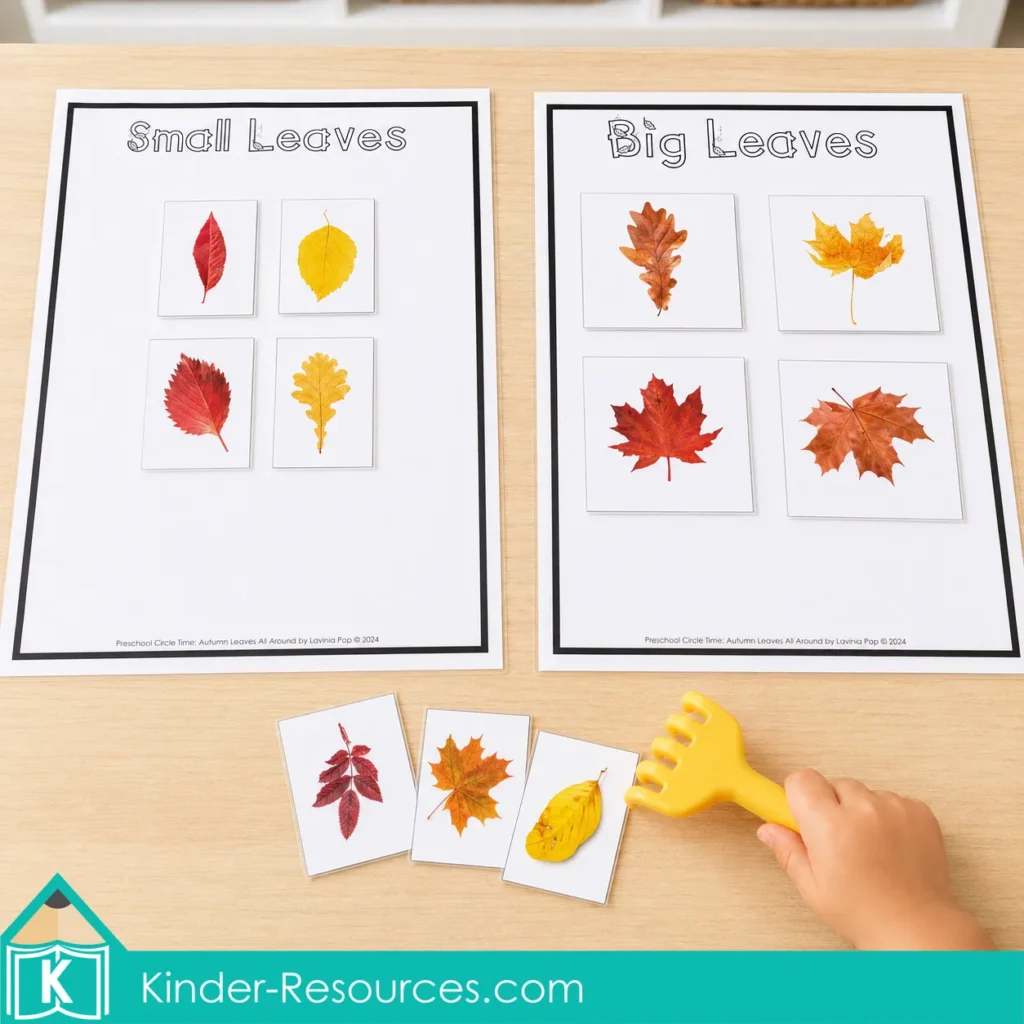 Autumn leaves preschool activities size sorting task with printable Big Leaves and Small Leaves mats, matching leaf cards and child safe scissors.