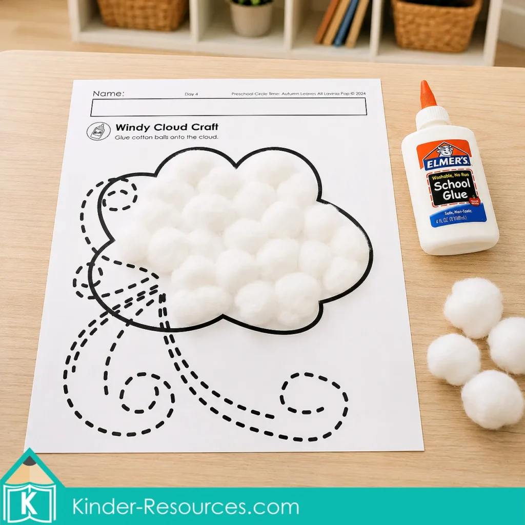 Autumn leaves preschool activities Windy Cloud Craft printable decorated with white cotton balls and displayed with school glue.