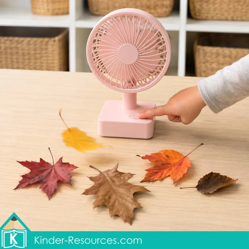 Autumn leaves preschool activities science experiment with a small pink fan blowing real red, yellow, orange and brown leaves across a table.
