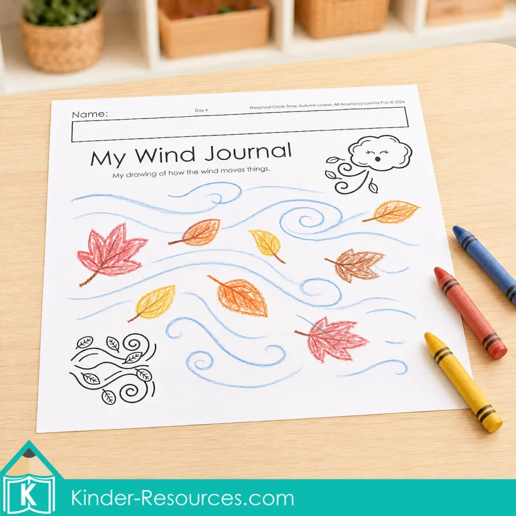 Autumn leaves preschool activities My Wind Journal page with colorful drawings of blowing leaves, wind swirls and crayons on the table.