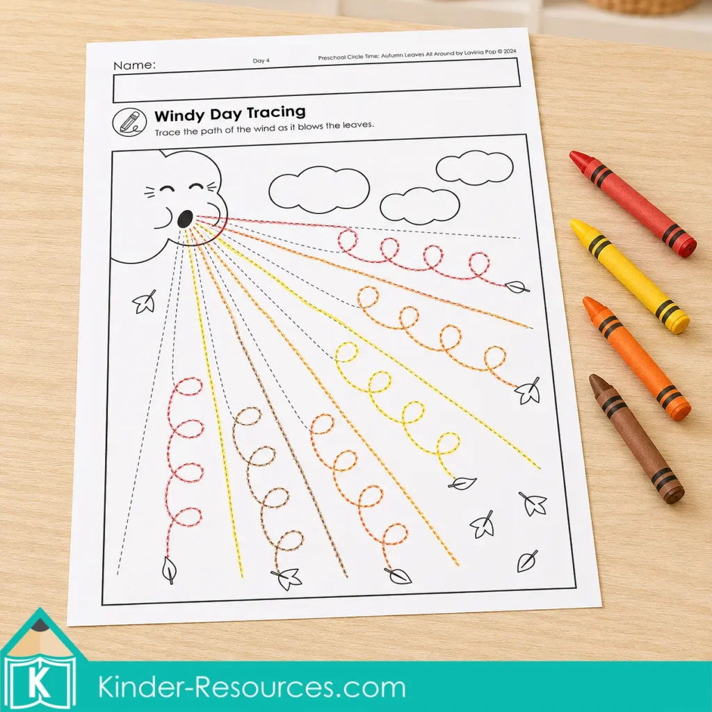 Autumn leaves preschool activities prewriting worksheet with red, yellow, orange and brown lines traced from a blowing cloud to falling leaves.