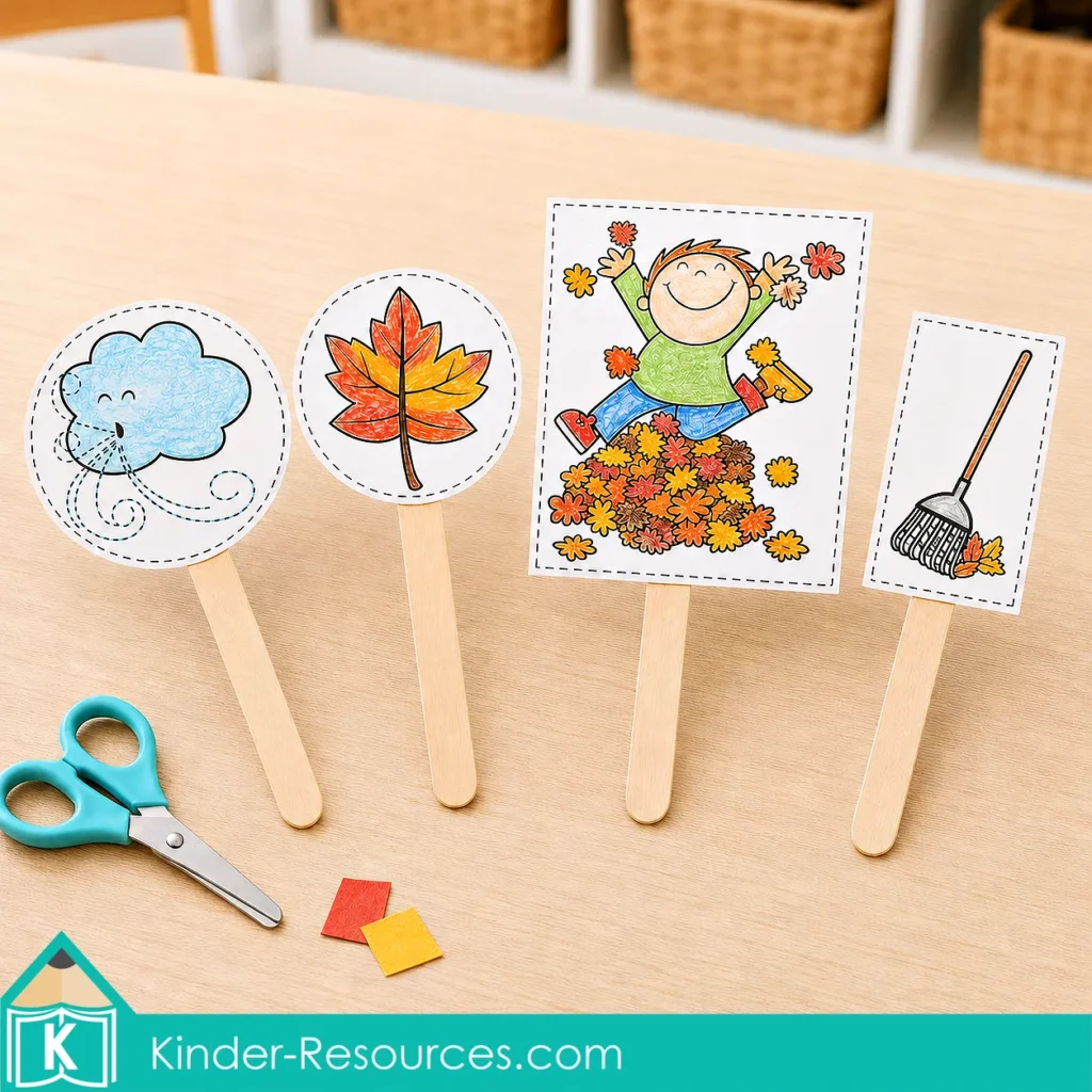 Autumn leaves preschool activities printable puppets showing a windy cloud, autumn leaf, child jumping in leaves and rake attached to craft sticks.