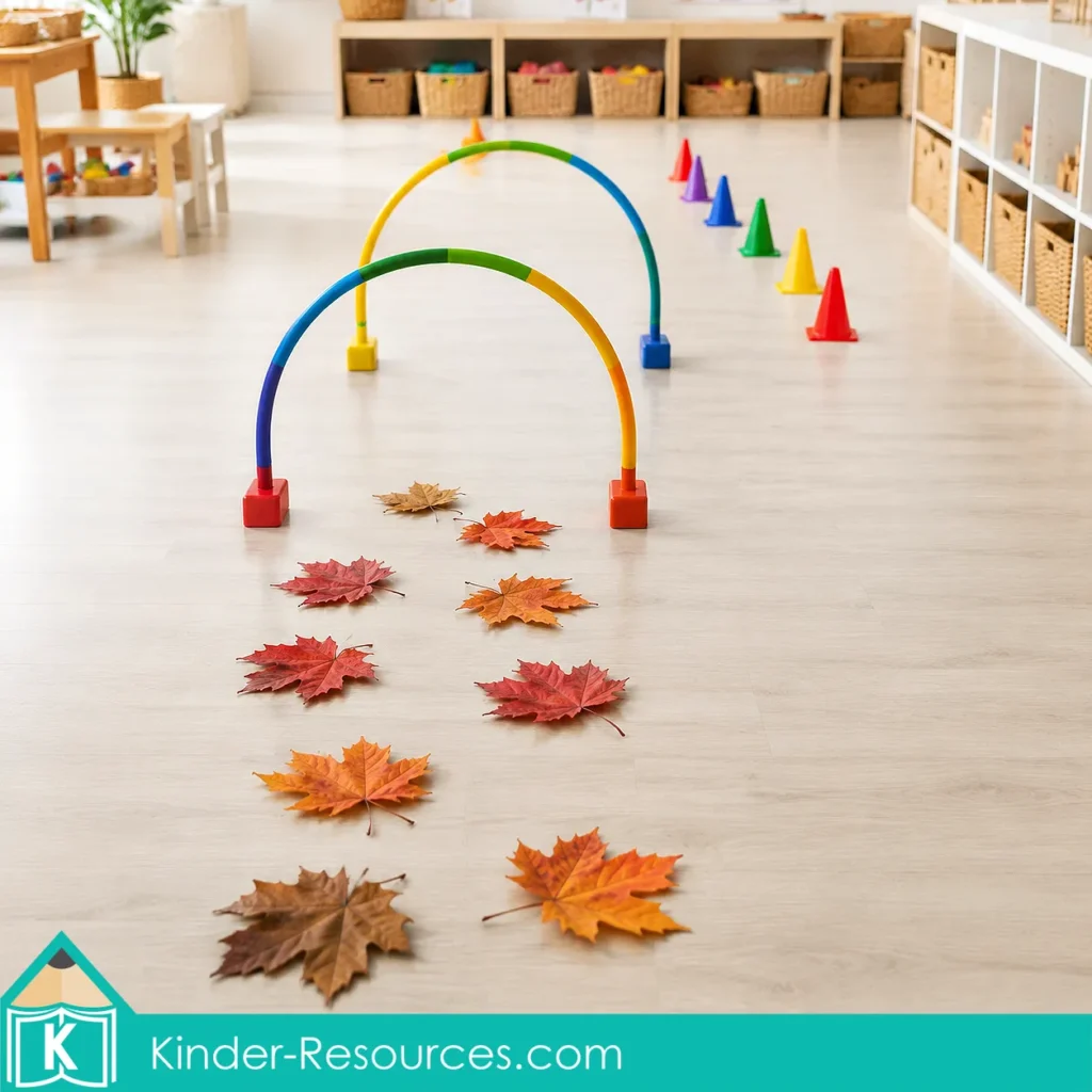 Autumn leaves preschool activities movement course with colorful arches, cones and a pathway of real fall leaves arranged across a preschool room.