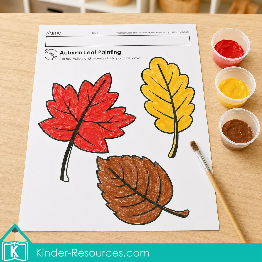 Autumn leaves preschool activities painting page with large red, yellow and brown leaves, visible brush marks, paint containers and a paintbrush.