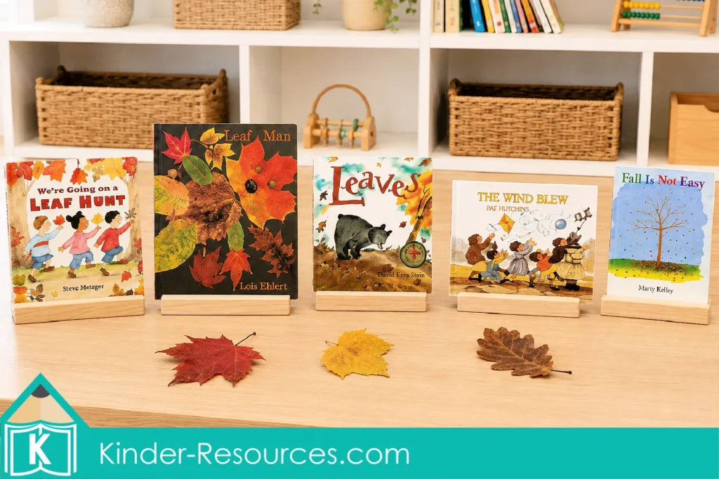 Autumn leaves preschool activities read aloud display with five fall picture books on wooden stands and red, yellow and brown leaves arranged in front.