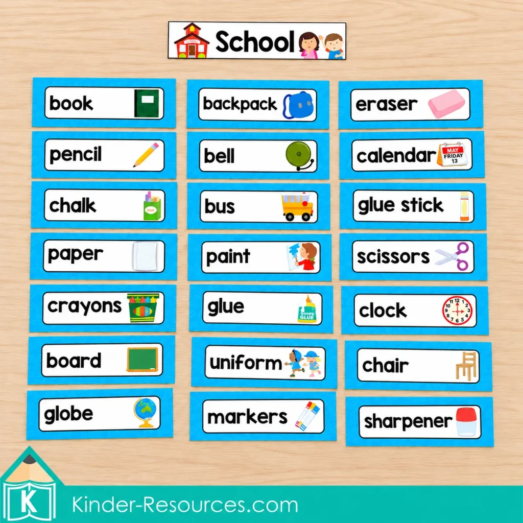 Free School Word Wall display with a School header and 21 blue picture cards, including book, pencil, backpack, and scissors.