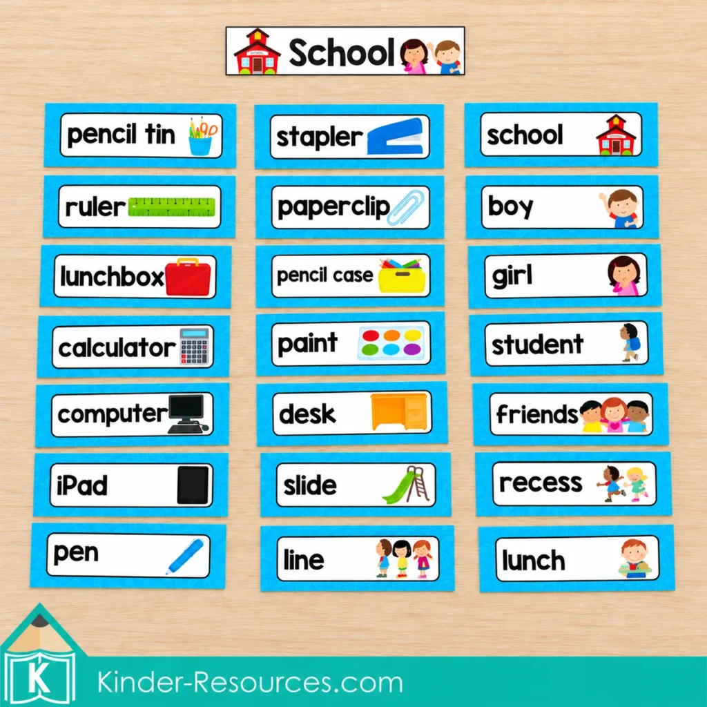 School picture word cards in three columns, including pencil tin, computer, school, boy, girl, friends, and recess.