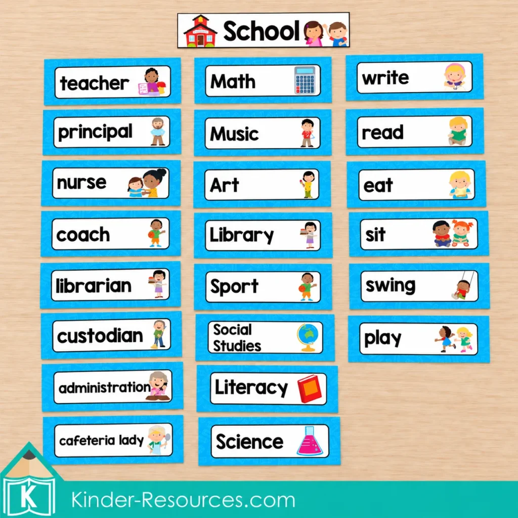 Blue vocabulary cards for school staff, subjects, and actions, including teacher, Math, Science, read, write, and play.