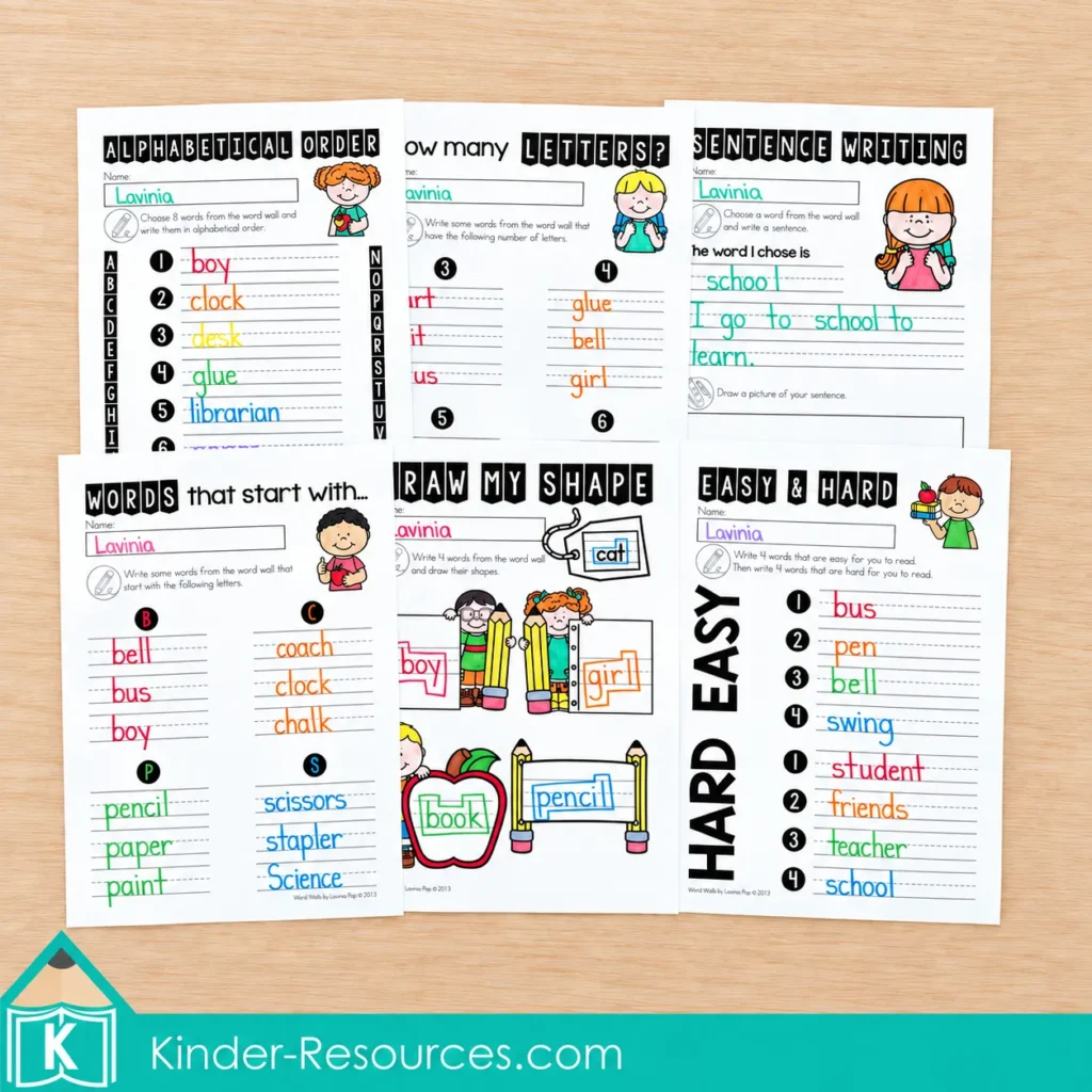 Six completed Free School Word Wall worksheets showing alphabetical order, letter counts, beginning letters, word shapes, and writing.