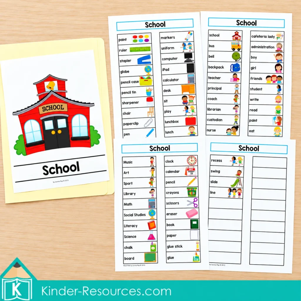 Cream folder with a red schoolhouse cover beside four illustrated school word lists, including a page with blank spaces.