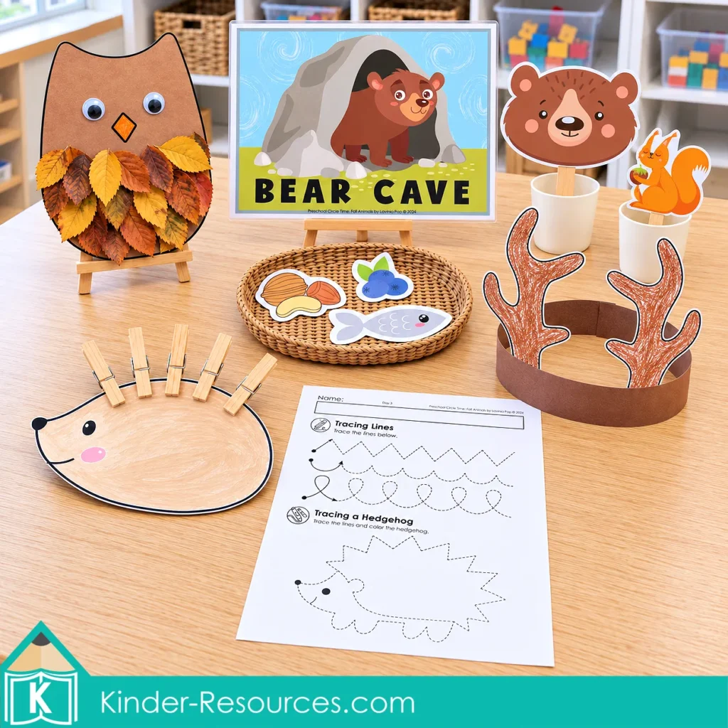 Fall animal activities featuring owl and hedgehog crafts, a deer antler headband, animal puppets, a bear cave sign and a hedgehog tracing worksheet.