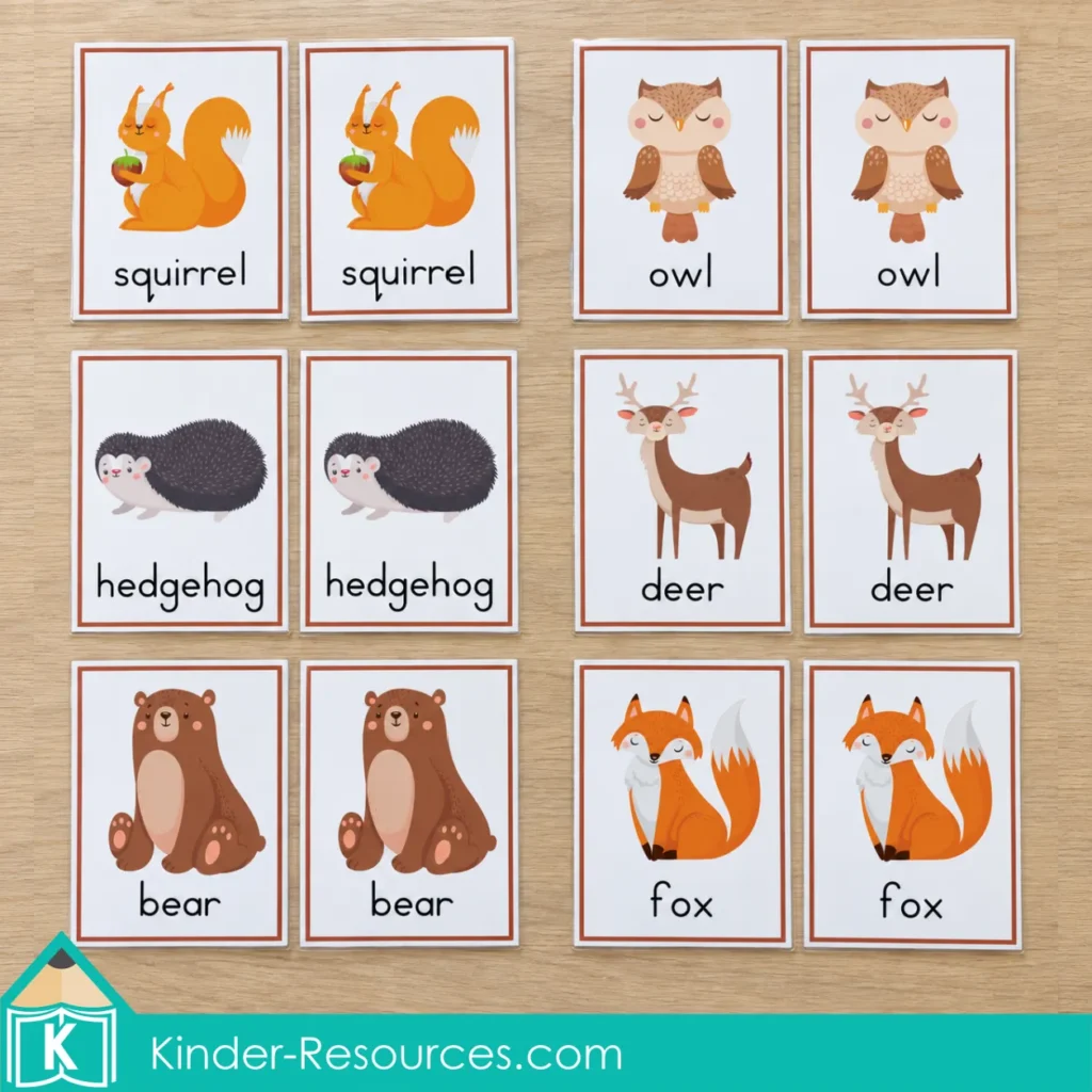 Preschool fall animal matching cards arranged in pairs, featuring labeled pictures of squirrels, owls, hedgehogs, deer, bears and foxes.