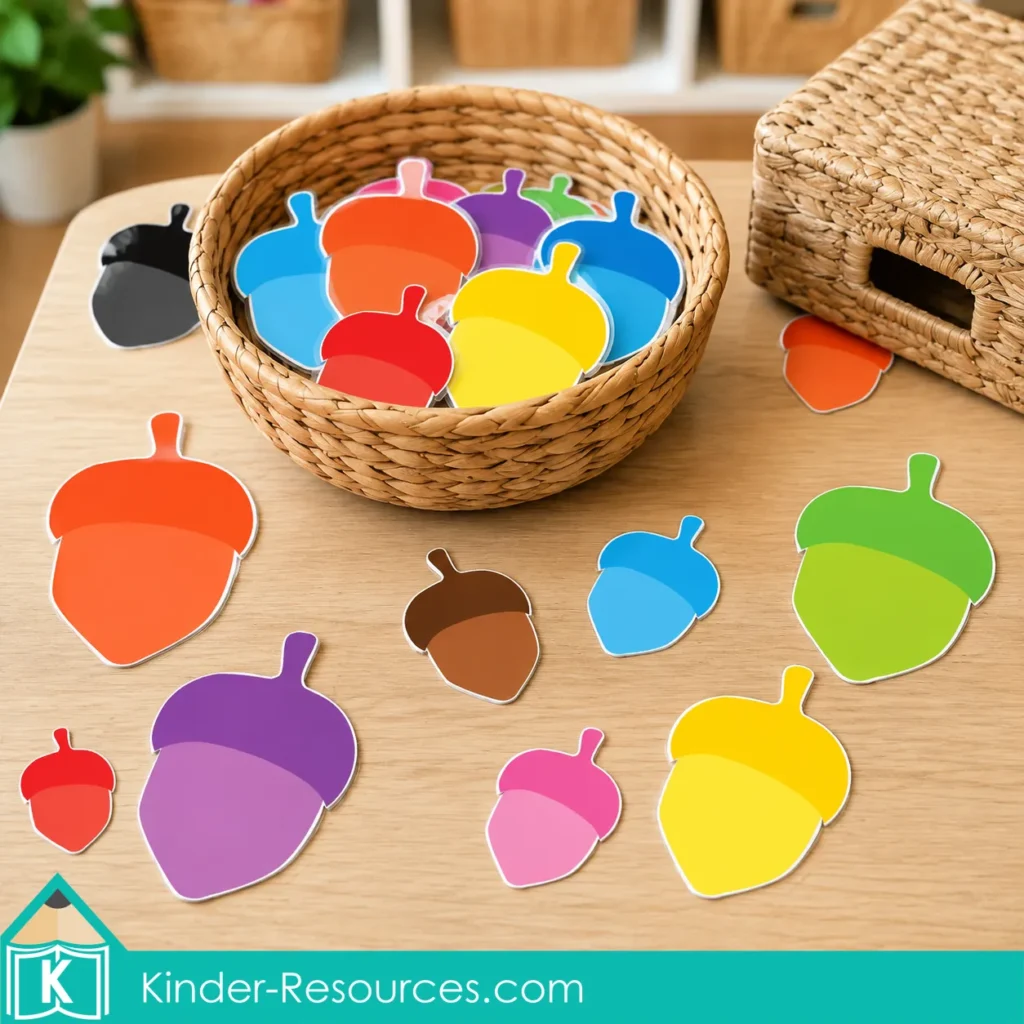 Colorful printable acorns in different sizes arranged in a basket and around a table for a preschool nut hunt and sorting activity.