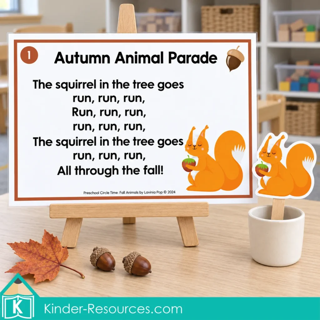 Preschool squirrel verse from Autumn Animal Parade displayed on an easel beside a squirrel stick puppet, fall leaf and acorns.