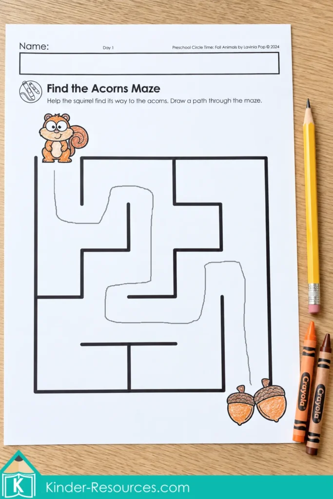 Preschool squirrel maze worksheet with a pencil path leading to two acorns, supporting pencil control and problem solving.