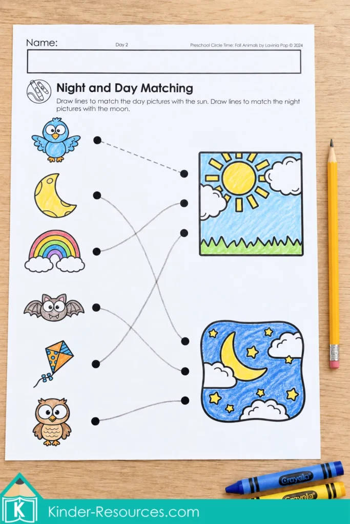 Preschool night and day worksheet with colored pictures connected to sun and moon scenes for classification and matching practice.