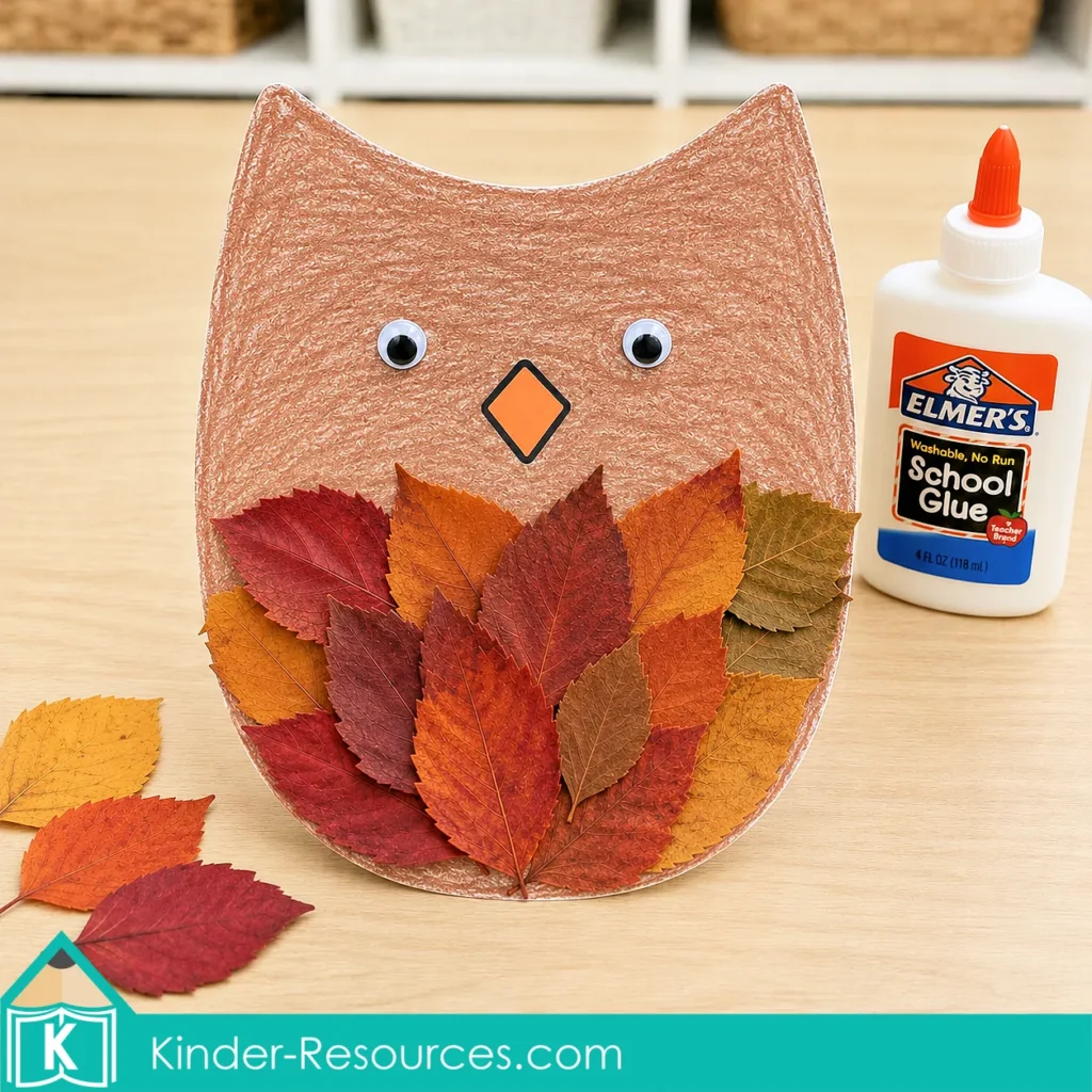 Preschool owl craft with a brown paper body, googly eyes, an orange beak and overlapping fall leaves representing feathers.