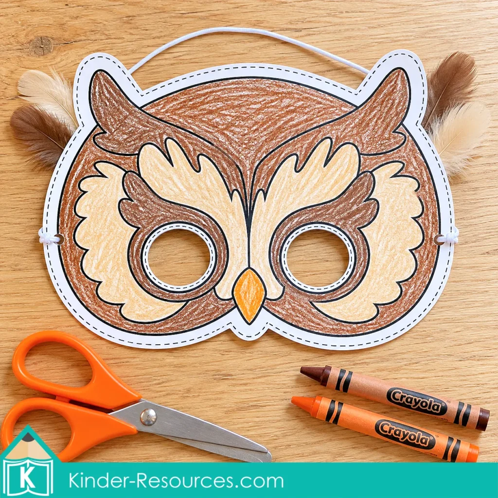 Preschool owl mask colored brown and tan, with cutout eye holes, feathers and an elastic strap for animal pretend play.