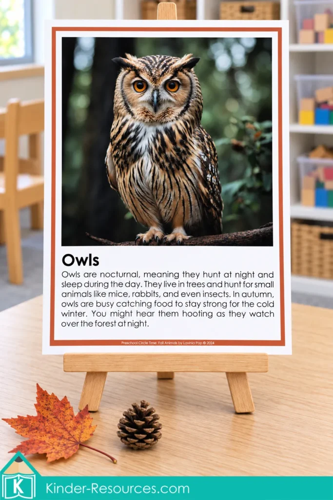 Preschool owl information poster with a photograph of an owl on a branch and simple text about nighttime hunting and food.