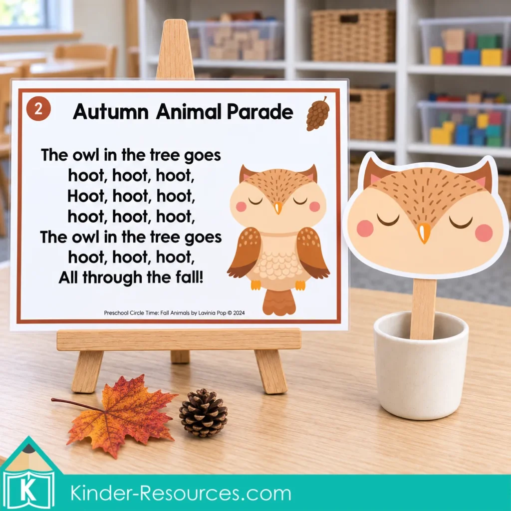 Preschool owl song poster with repeated “hoot” lyrics, displayed on an easel beside an owl face stick puppet.