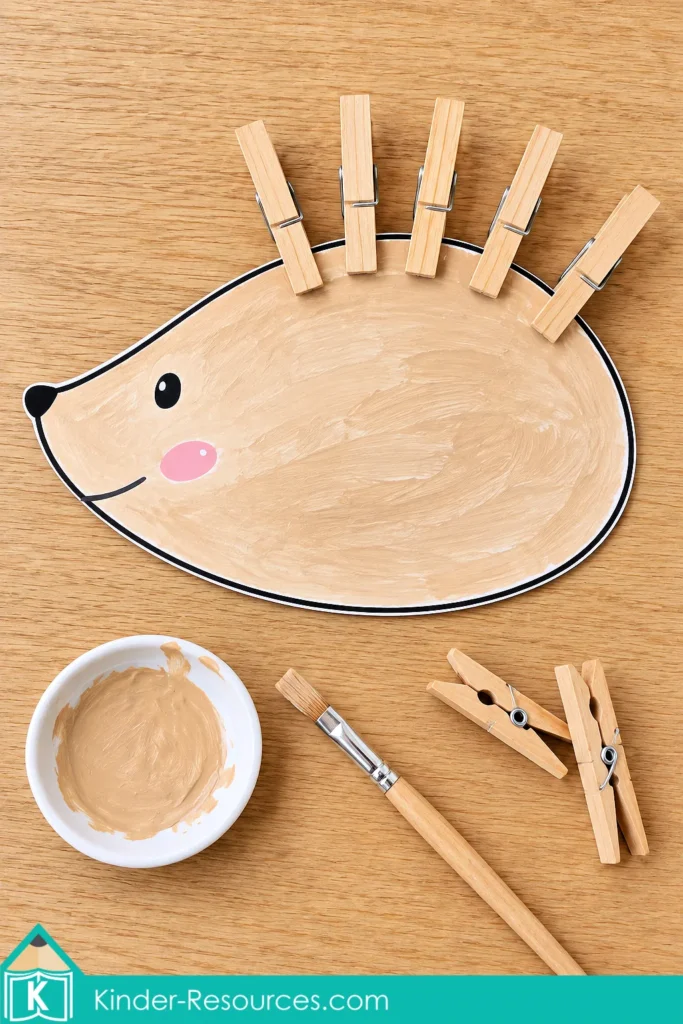 Preschool hedgehog craft with a painted paper body and five wooden clothespins clipped along its back to represent spines.