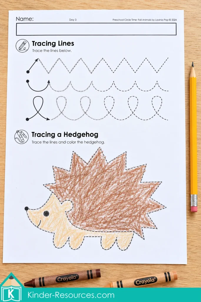 Preschool prewriting worksheet with zigzag, curved and looping tracing paths above a traced and colored hedgehog.