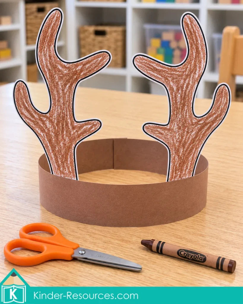Preschool deer antler headband with two brown crayon-colored antlers attached to a brown paper band for animal pretend play.