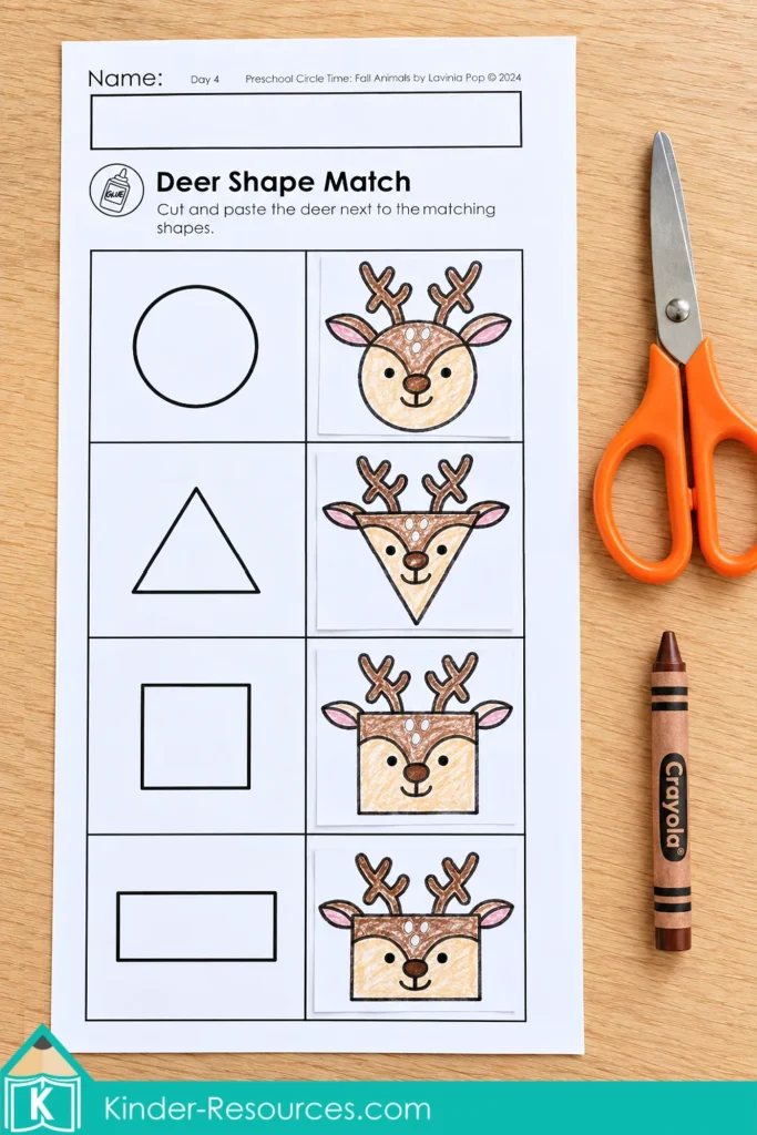Preschool cut-and-paste worksheet with colored deer faces matched to circle, triangle, square and rectangle outlines for shape recognition.