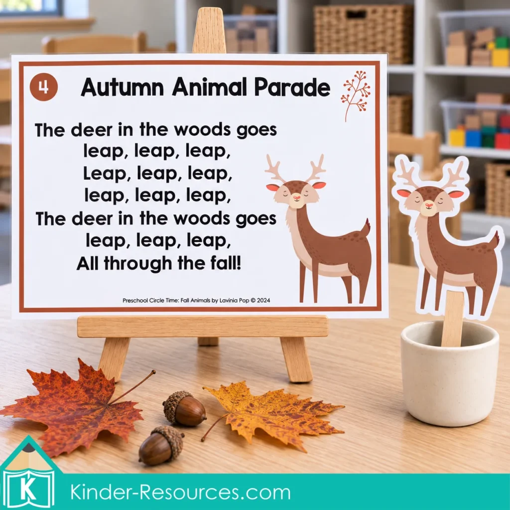 Preschool deer song poster with repeated “leap” lyrics, displayed on a wooden easel beside a deer stick puppet.