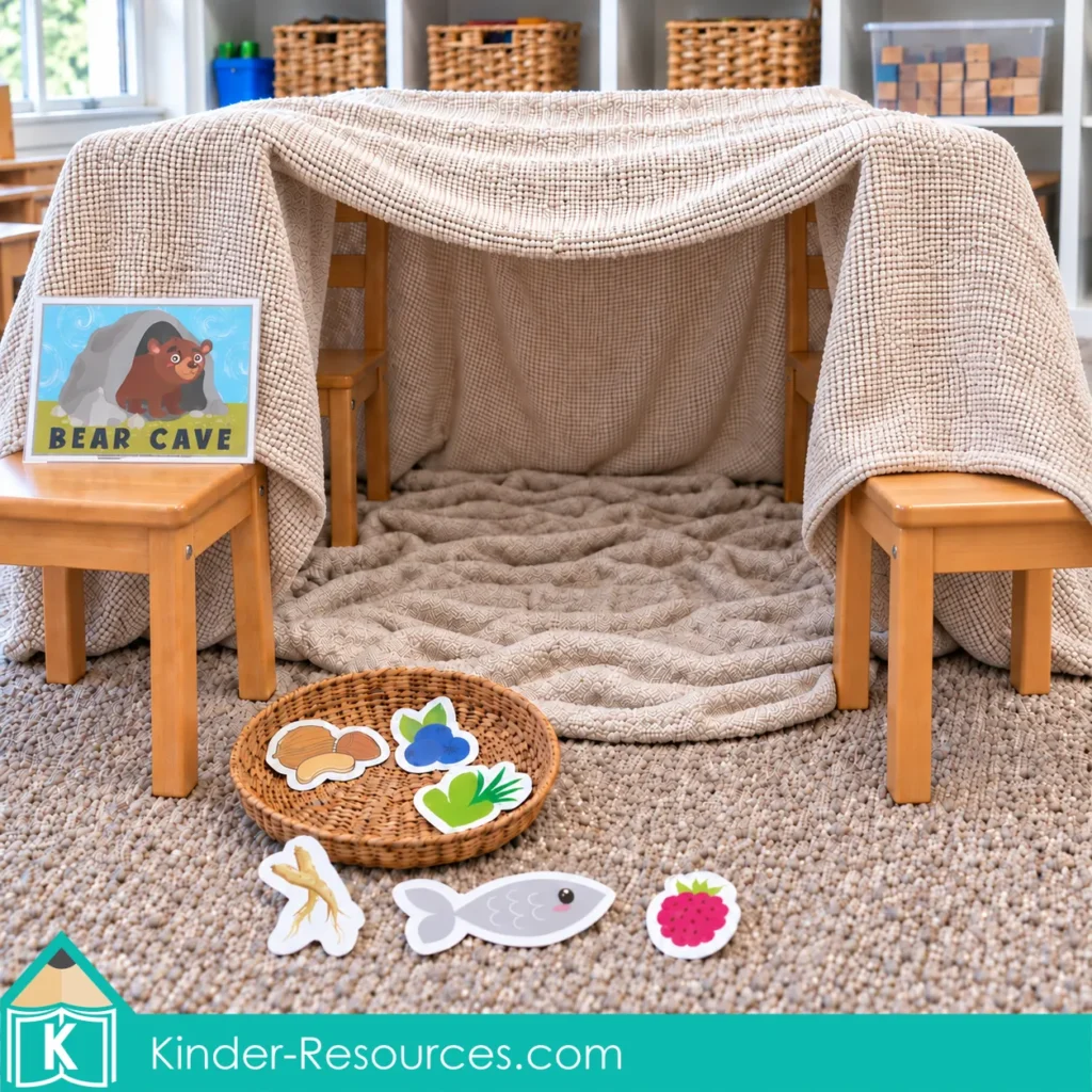 Preschool bear cave made from blankets and wooden chairs, with a printable Bear Cave sign and food cutouts for hibernation pretend play.