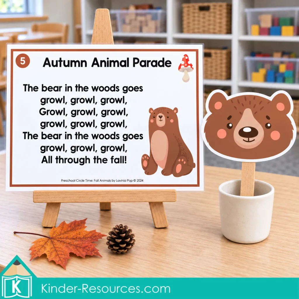 Preschool bear verse from Autumn Animal Parade with repeated “growl” lyrics, displayed on a wooden easel beside a bear face stick puppet.