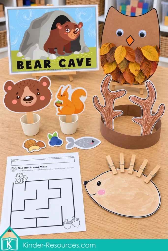 Preschool fall animal display with owl and hedgehog crafts, a deer antler headband, bear and squirrel puppets, a bear cave sign and an acorn maze.