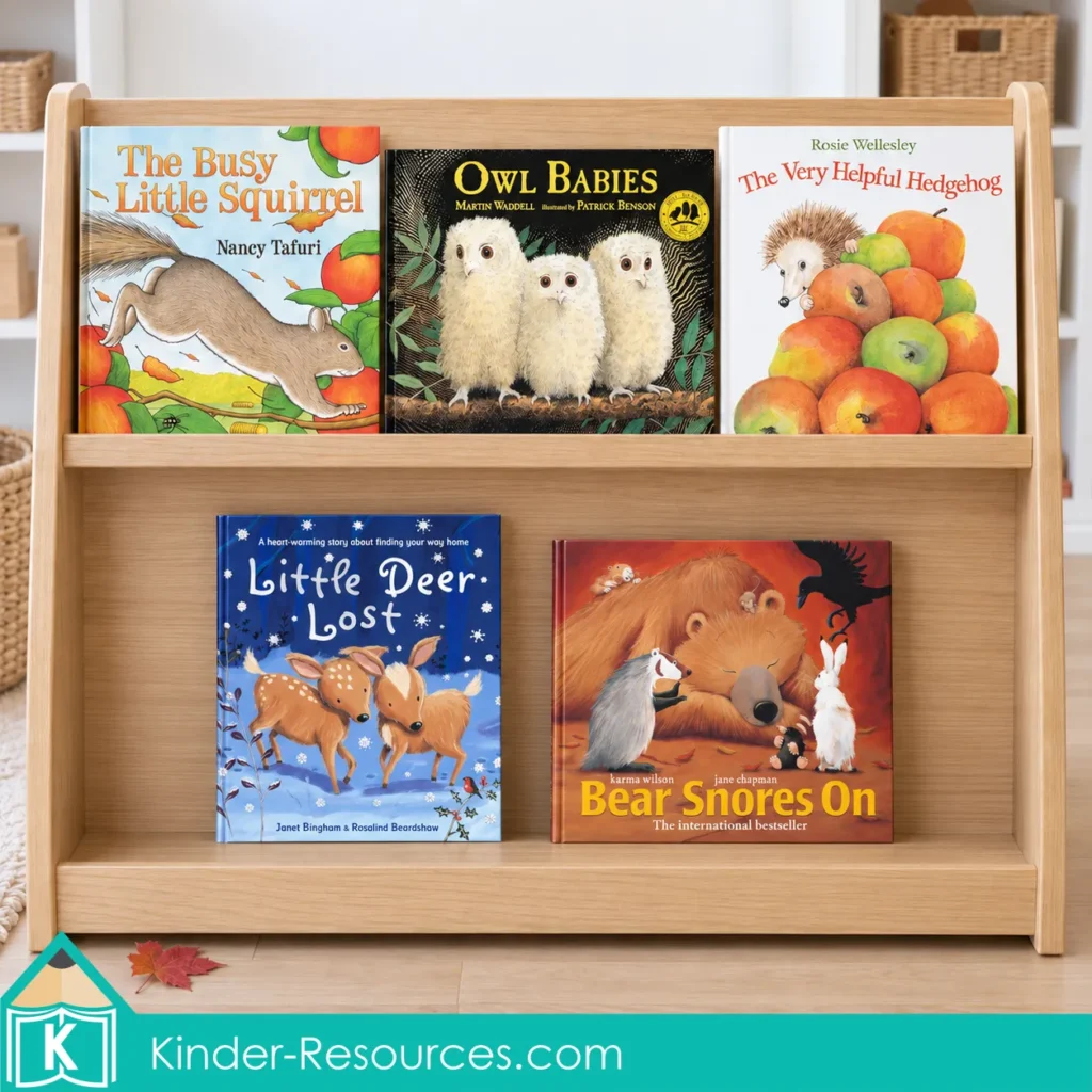 Preschool fall animal books on a wooden display shelf: The Busy Little Squirrel, Owl Babies, The Very Helpful Hedgehog, Little Deer Lost and Bear Snores On.