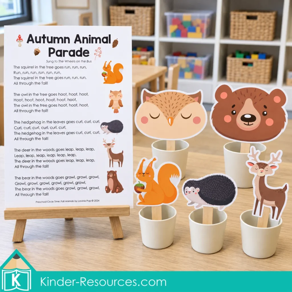 Autumn Animal Parade song poster on an easel beside squirrel, owl, hedgehog, deer and bear stick puppets in cups for preschool circle time.