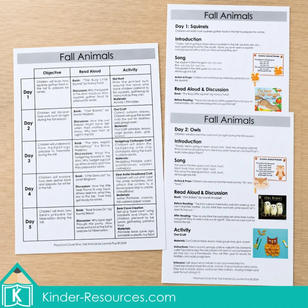 Fall animals weekly overview alongside Day 1 squirrel and Day 2 owl lesson plans, with songs, read-alouds, discussion prompts and preschool activities.