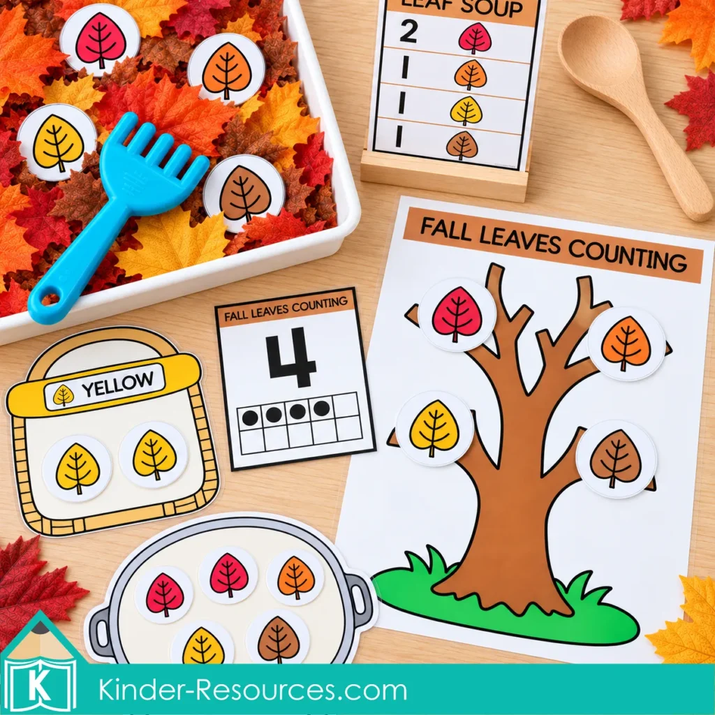 Fall math activities with a leaf soup recipe, a yellow sorting basket, and four leaves on a counting tree beside a number 4 ten-frame card.
