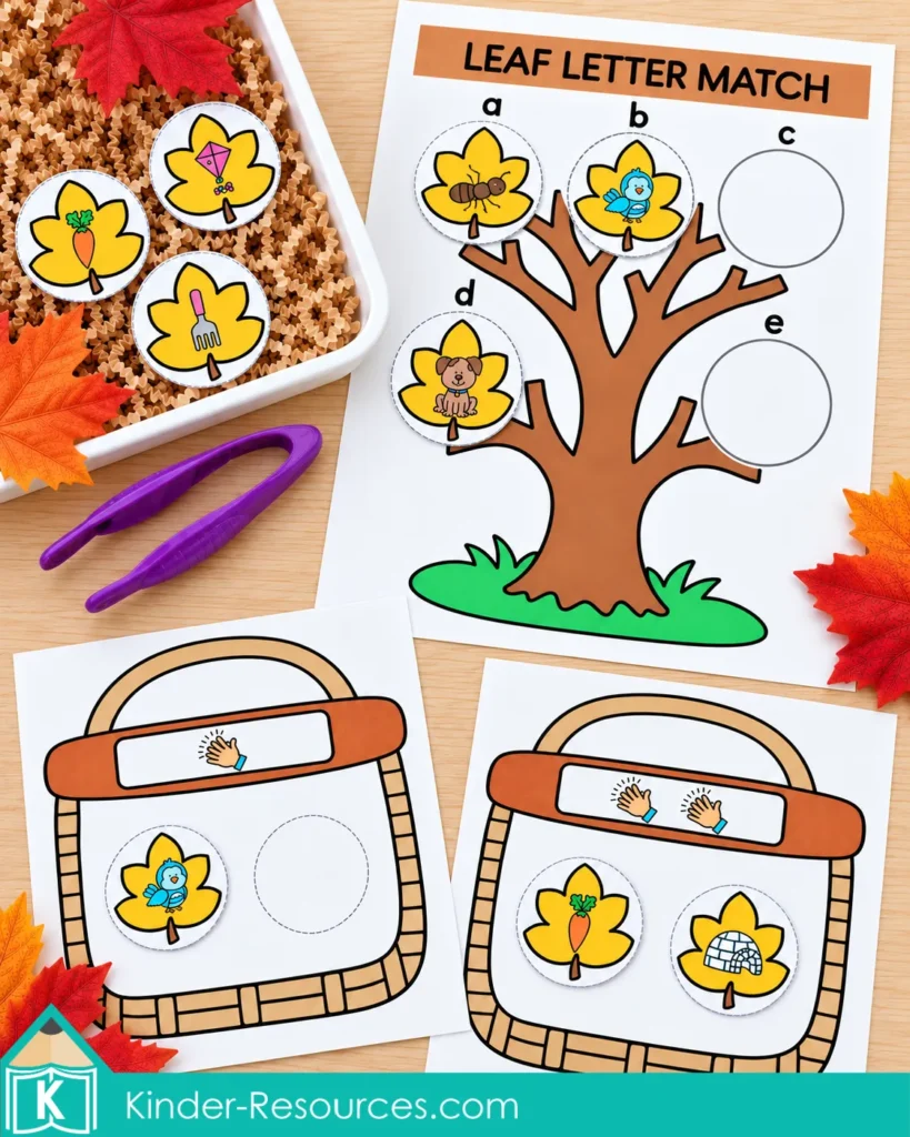 Fall literacy activities with picture leaves matched to letters on a tree and sorted onto baskets with one or two clapping symbols.