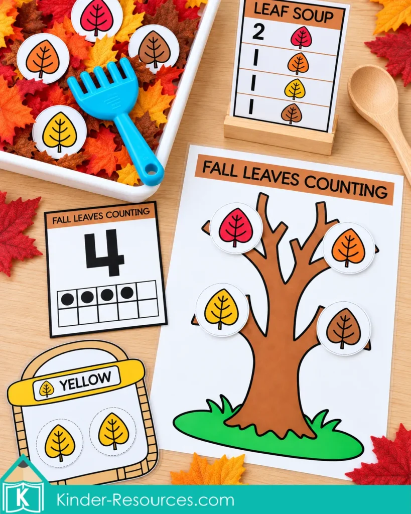 Fall math activities with a leaf soup recipe, a yellow sorting basket, and four leaves on a counting tree beside a number 4 ten-frame card.
