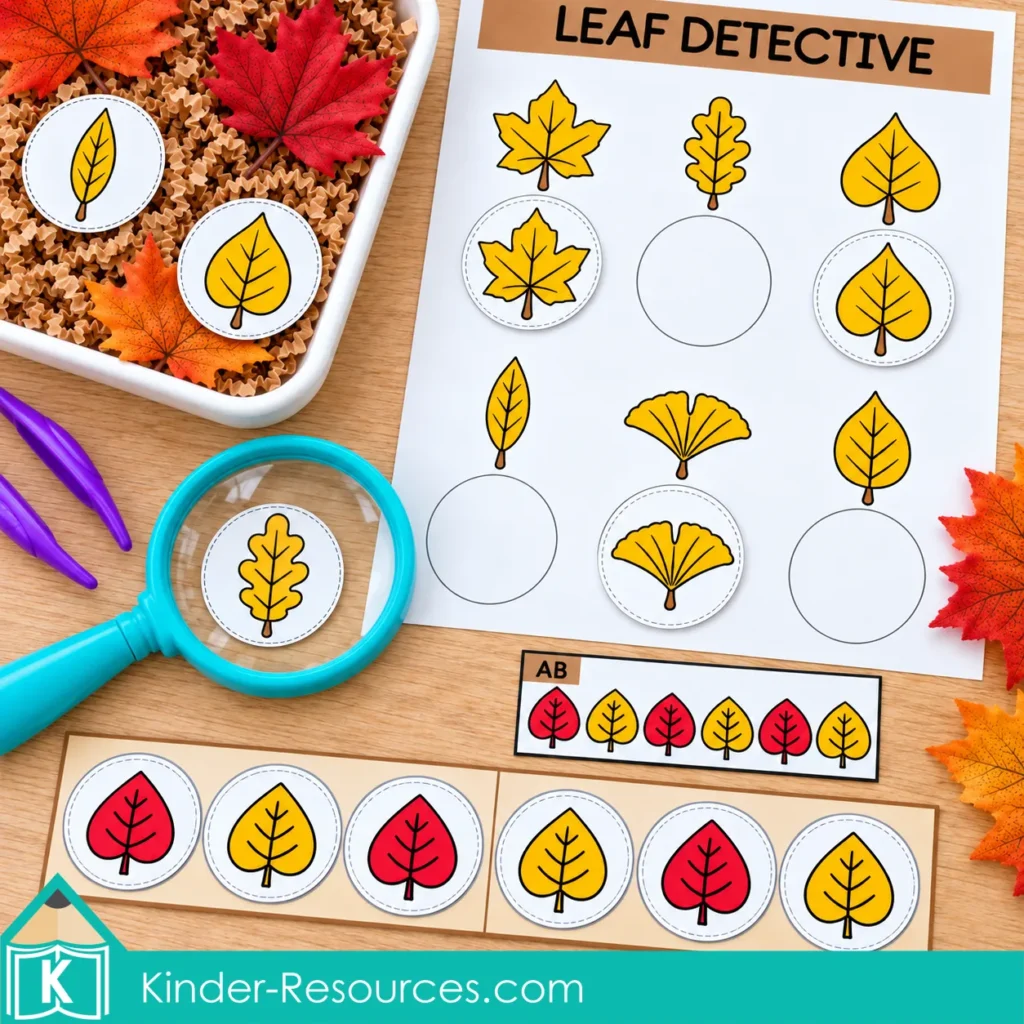 Leaf Detective mat with six yellow leaf shapes and matching circles, beside a magnifying glass over an oak-shaped leaf and a sensory bin.