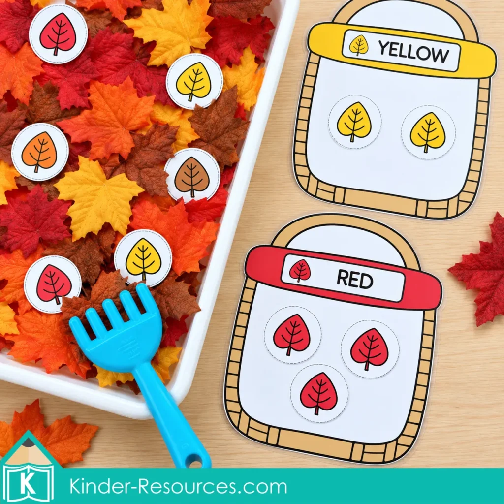 Preschool color sorting activity with red and yellow leaf circles on matching basket mats, beside a bin of fabric fall leaves and a blue toy rake.