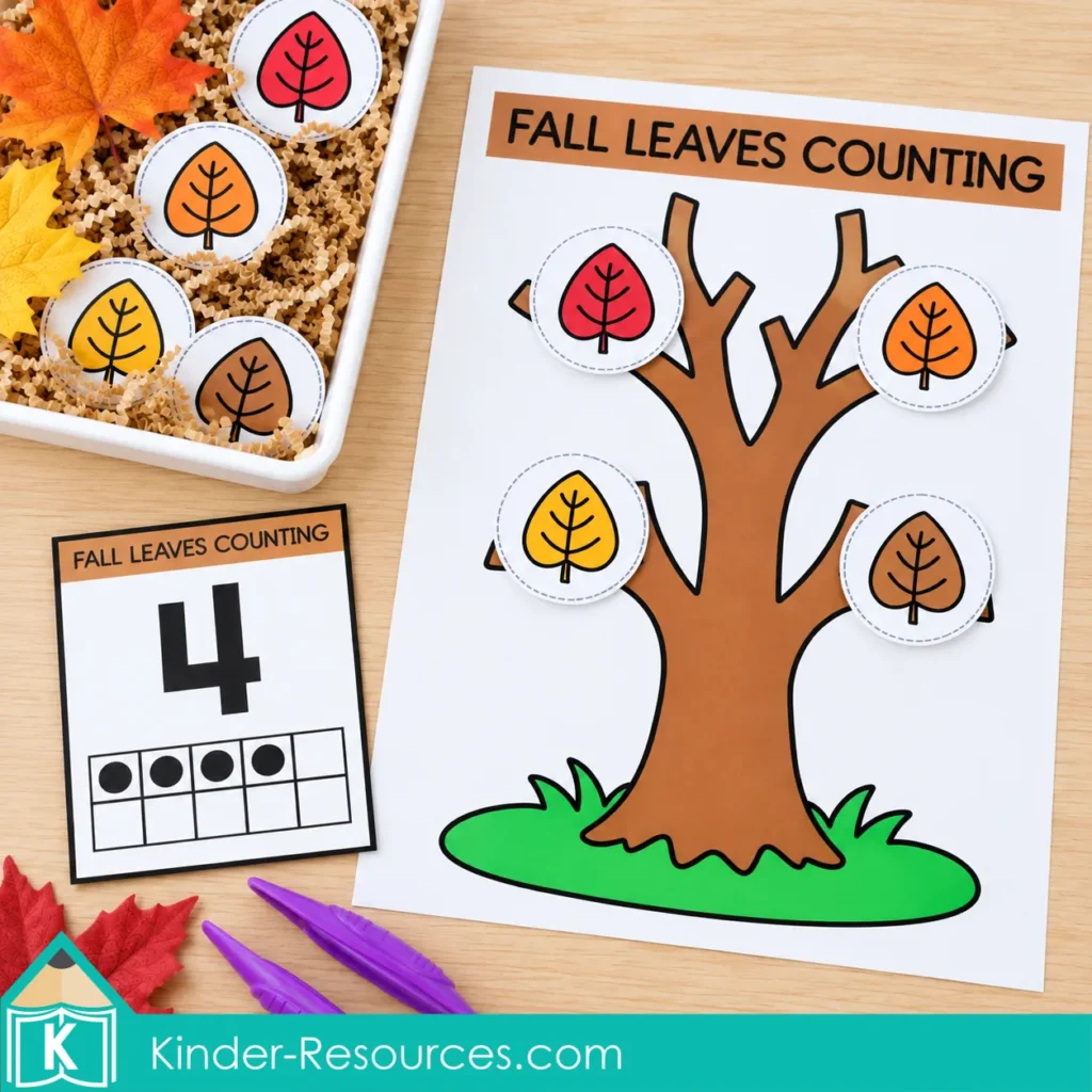 Four colored leaf circles on a printable tree beside a number 4 card with four ten-frame dots, a sensory bin, and purple tongs.